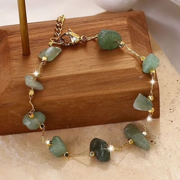 Green Natural Stone Beads Thin Chain Bohemian Style Handcrafted Chain Bracelet - Picture 6 of 6